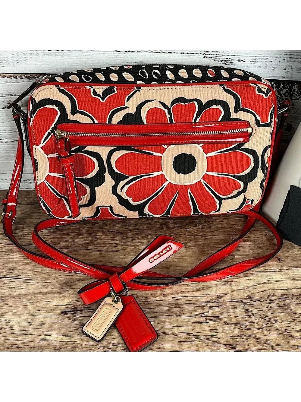 Coach Poppy 25121‎ Floral Red and Black Crossbody Shoulder Bag
